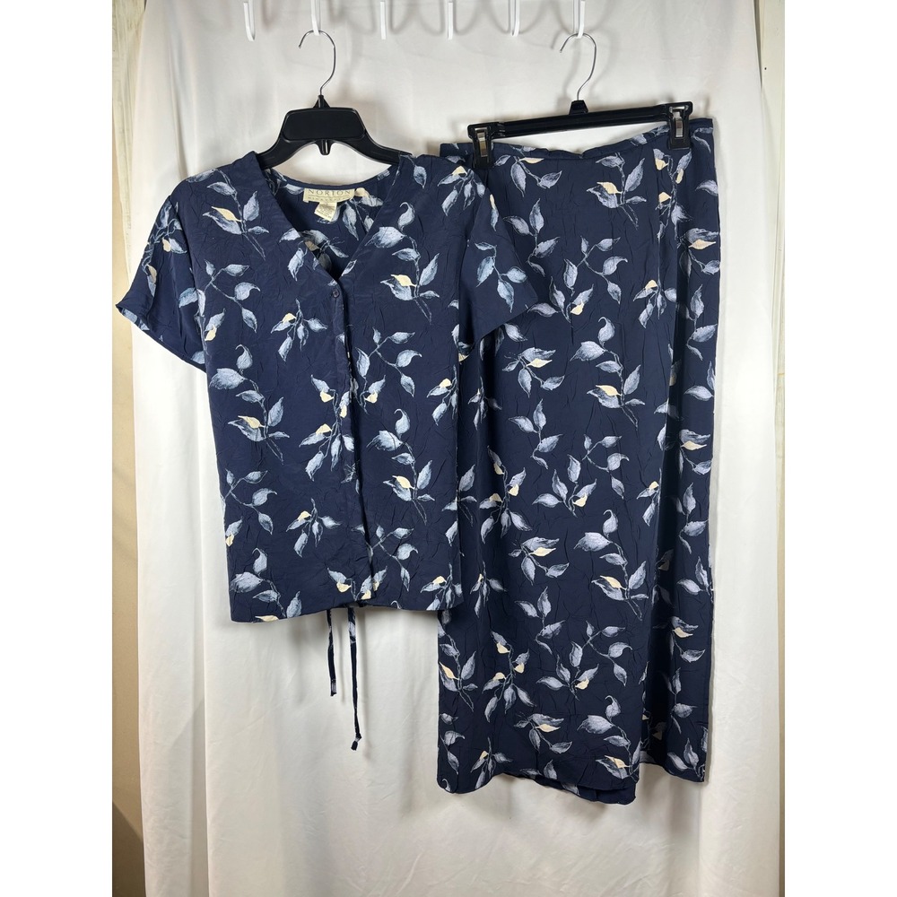 Norton McNaughton Vintage Navy Blue Leaf Print Maxi Skirt and Blouse Set Large